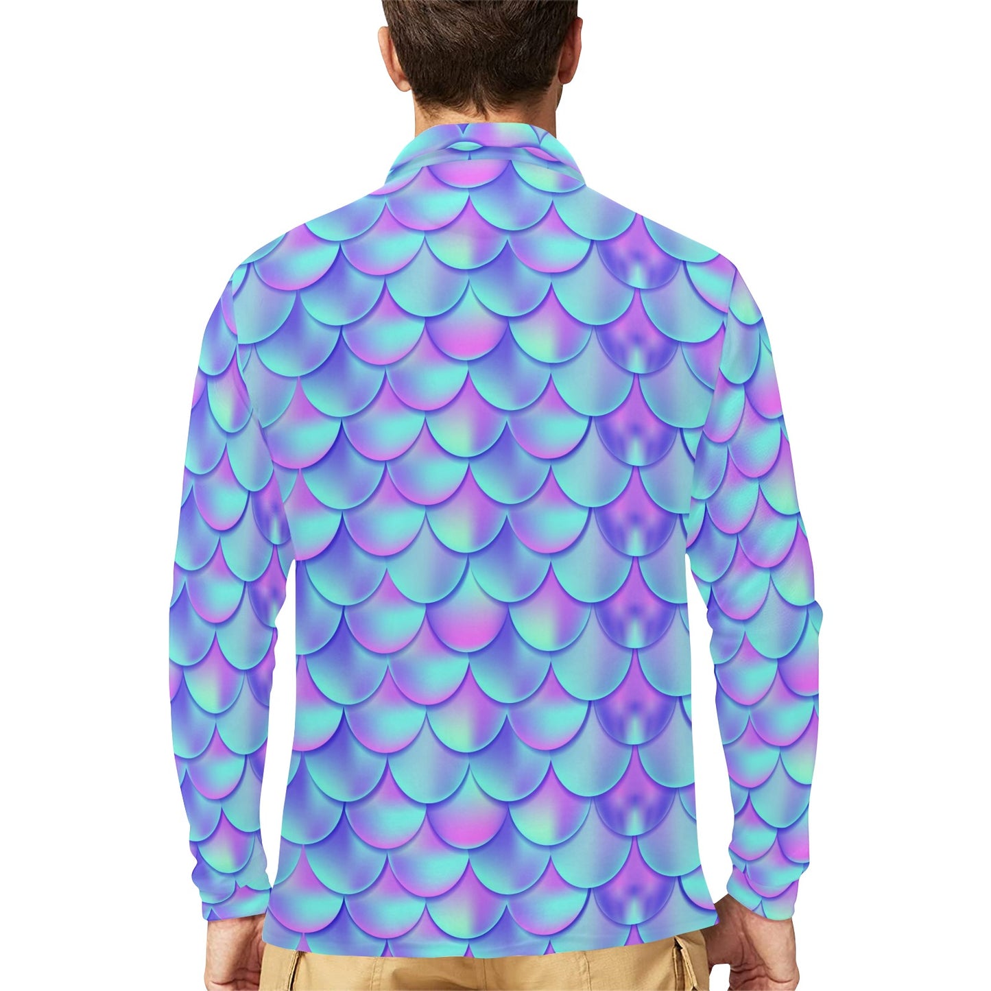 Mermaid Tail Design Print Pattern Long Sleeve Polo Shirt For Men's