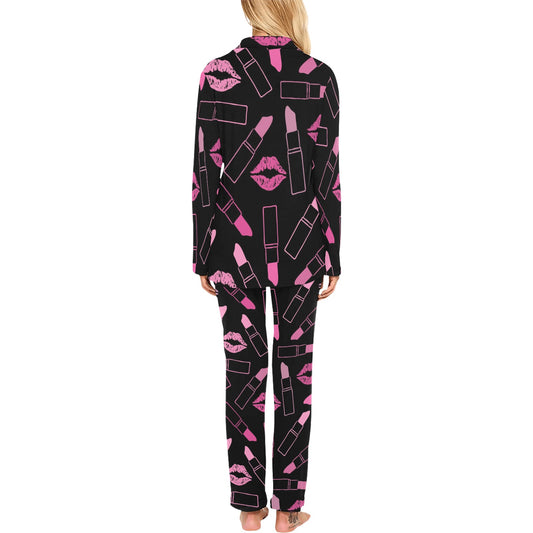 Lipstick Pink Pattern Print Design 01 Women's Long Pajama Set