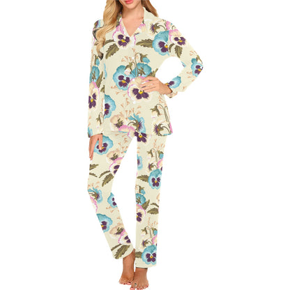 Pansy Pattern Print Design A02 Women's Long Pajama Set