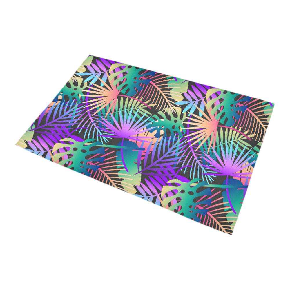 Neon Flower Tropical Palm Leaves Bath Mat