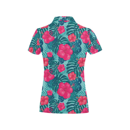 Red Hibiscus Pattern Print Design HB017 Women's Polo Shirt