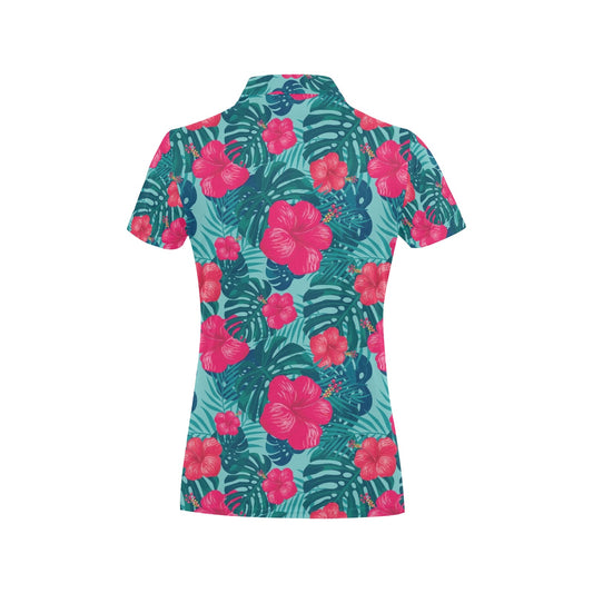 Red Hibiscus Pattern Print Design HB017 Women's Polo Shirt