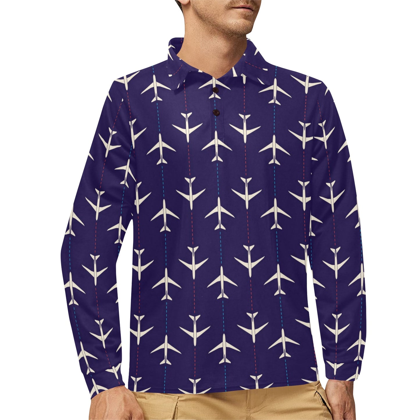 Airplane Pattern Print Design 03 Long Sleeve Polo Shirt For Men's