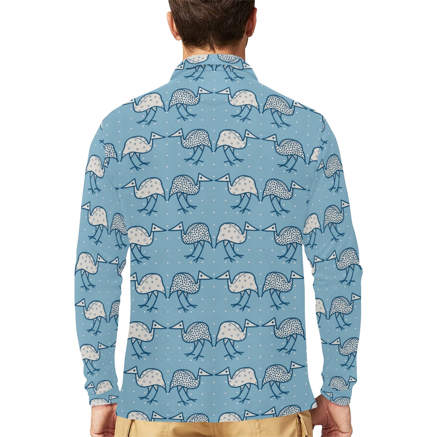 Emu Pattern Print Design 01 Long Sleeve Polo Shirt For Men's