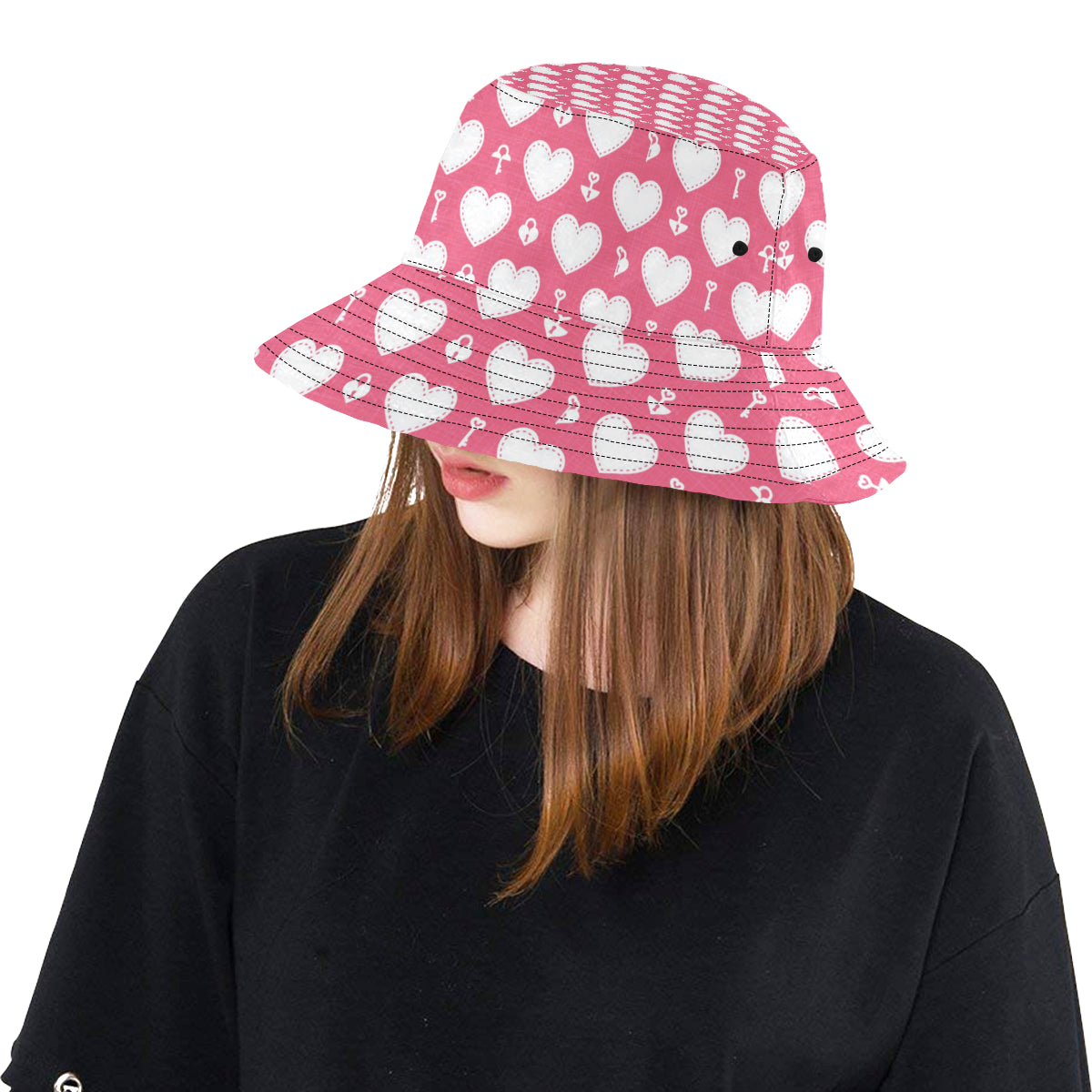 Heart Key Pattern Print Design HE09 Unisex Bucket Hat