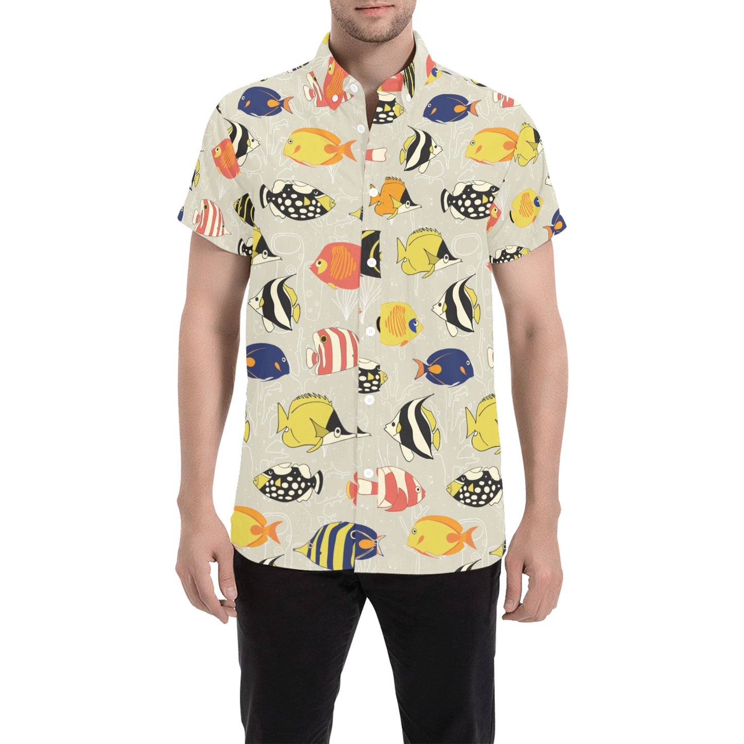 Angelfish Print Design LKS401 Men Short Sleeve Button Up Shirt