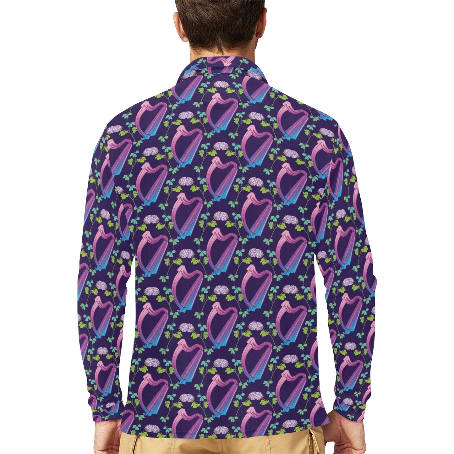 Harp Print Design LKS403 Long Sleeve Polo Shirt For Men's