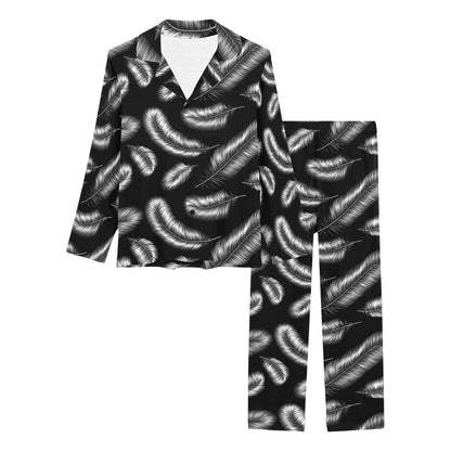 Feather Black White Design Print Women's Long Pajama Set