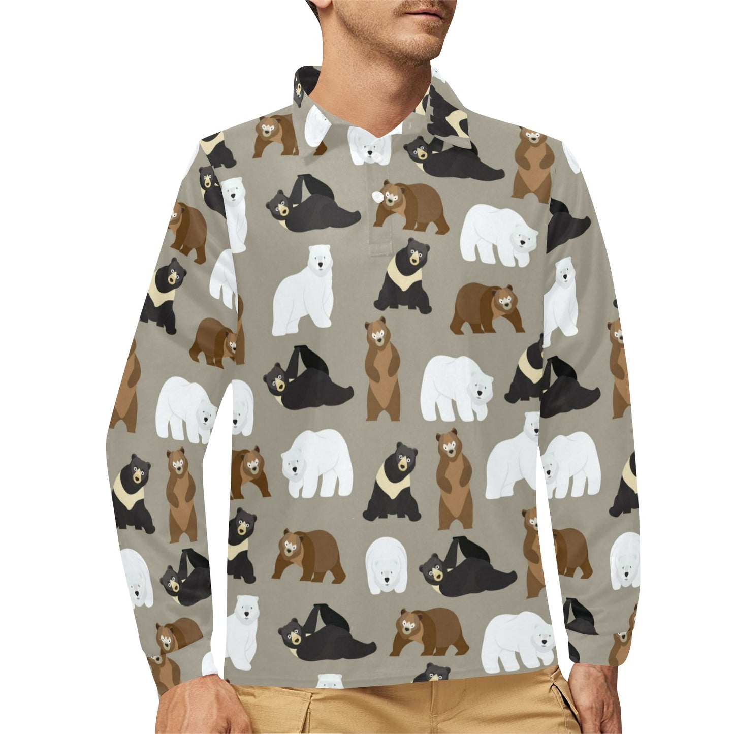 Bear Pattern Print Design BE03 Long Sleeve Polo Shirt For Men's