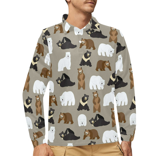 Bear Pattern Print Design BE03 Long Sleeve Polo Shirt For Men's