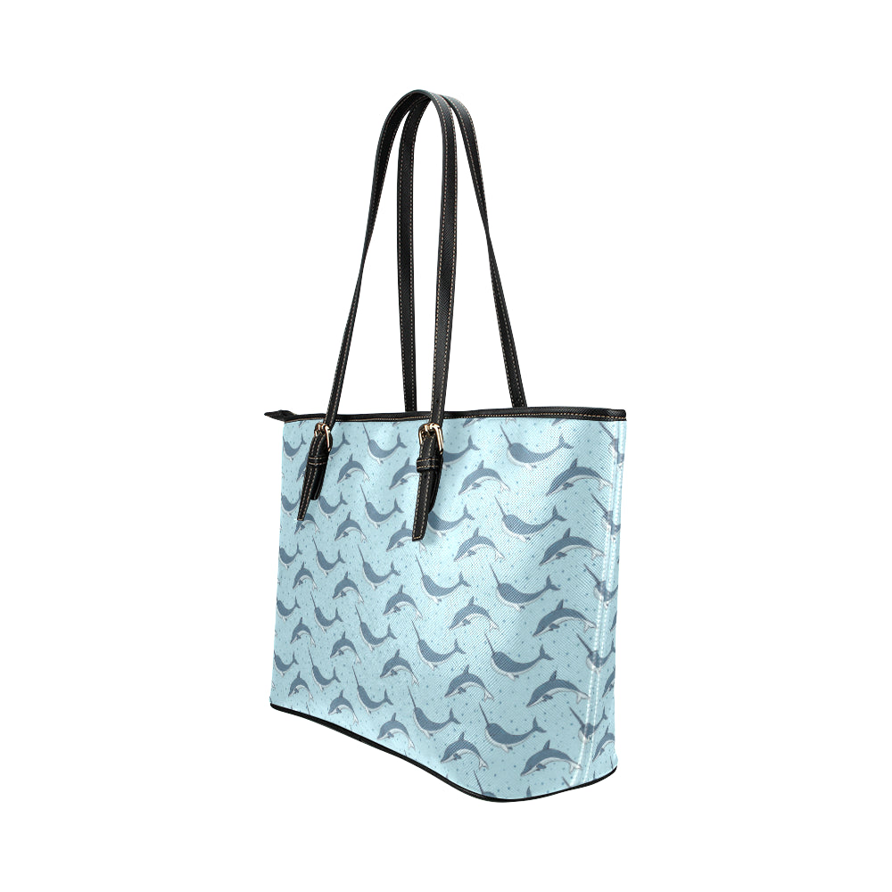 Narwhal Dolphin Print Leather Tote Bag