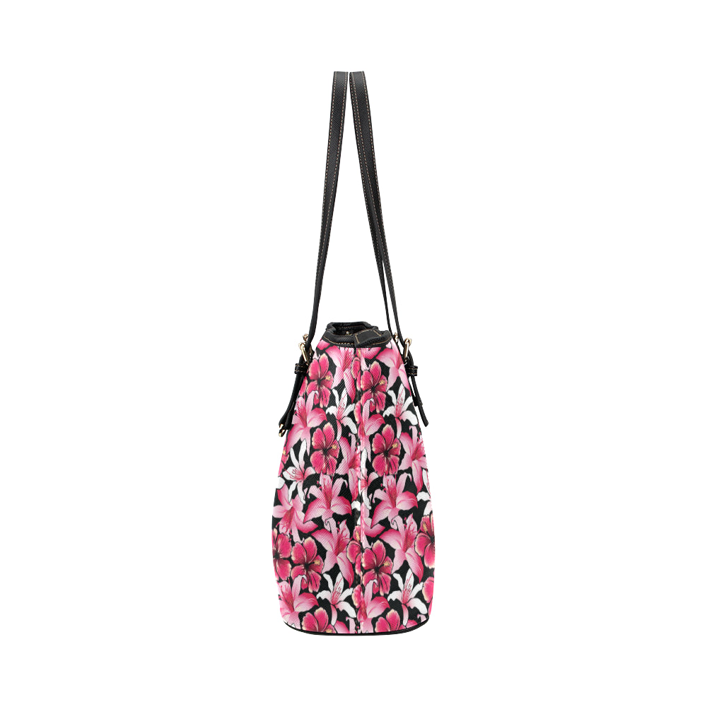 Flower Hawaiian Pink Red  Hibiscus Print Leather Tote Bag