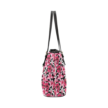 Flower Hawaiian Pink Red  Hibiscus Print Leather Tote Bag