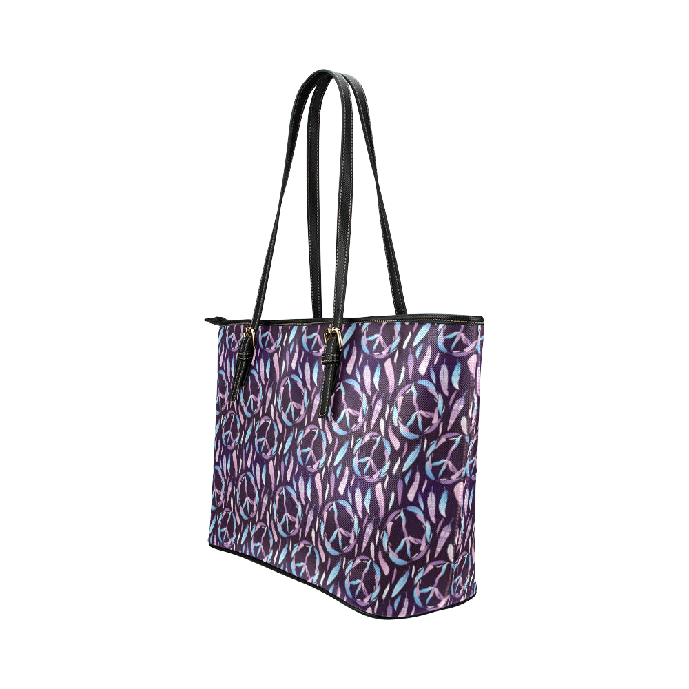 Peace Sign Feather Design Print Leather Tote Bag