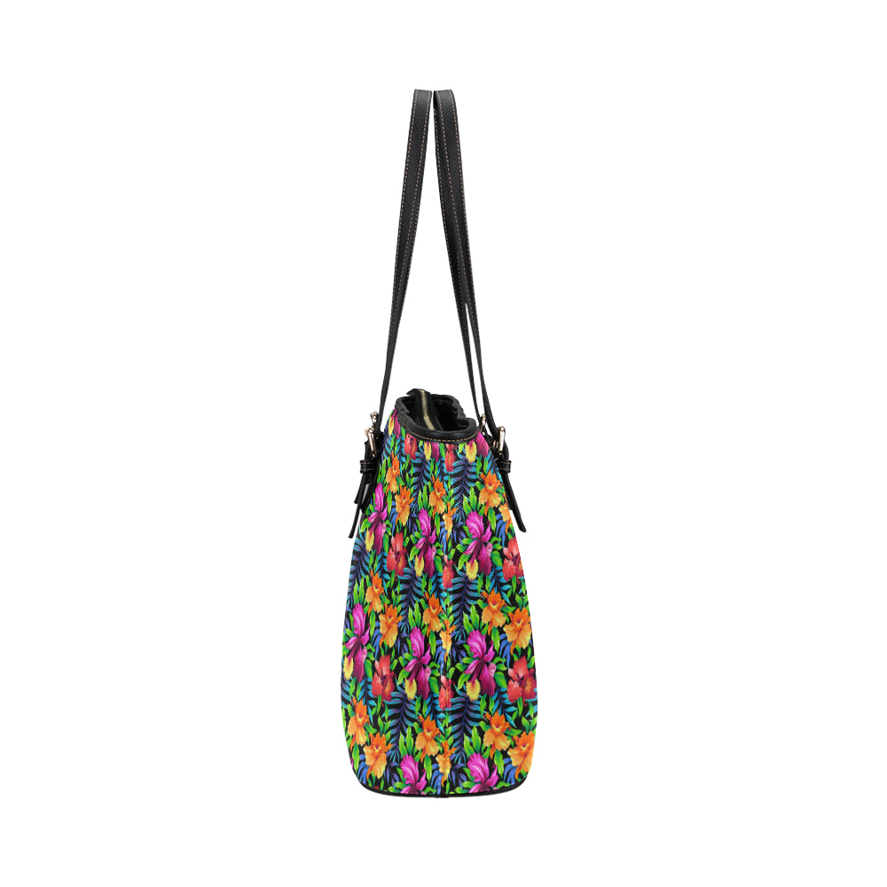 Tropical Folower Colorful Print Leather Tote Bag