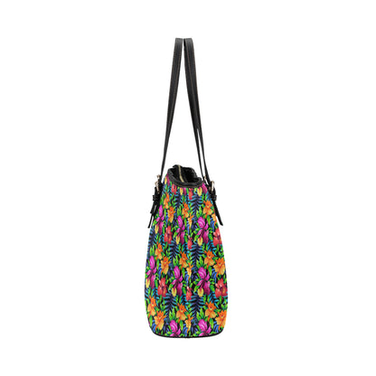Tropical Folower Colorful Print Leather Tote Bag