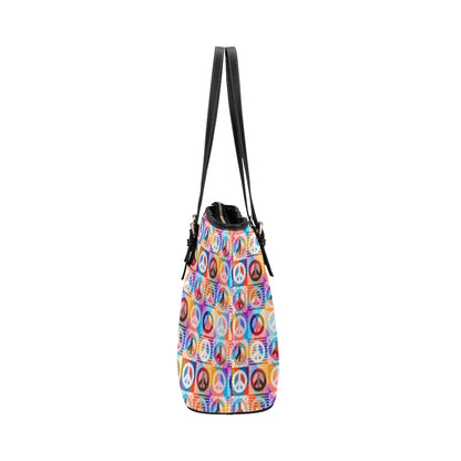 Peace Sign Patchwork Design Print Leather Tote Bag