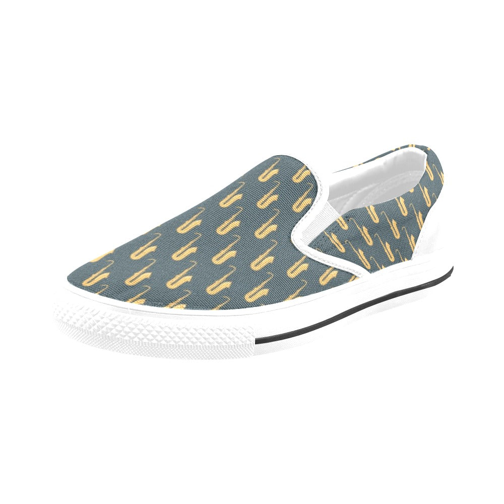 Saxophone Print Design LKS401 White Slip Ons Canvas Women's Shoes