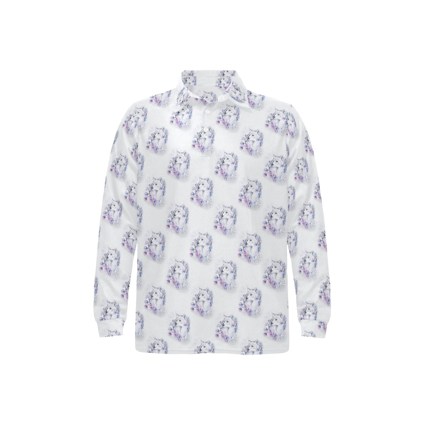 Wolf with Flower Print Design Long Sleeve Polo Shirt For Men's