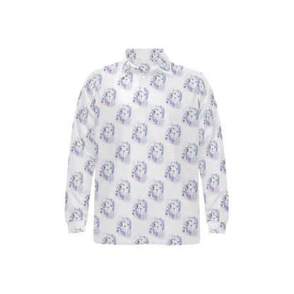 Wolf with Flower Print Design Long Sleeve Polo Shirt For Men's
