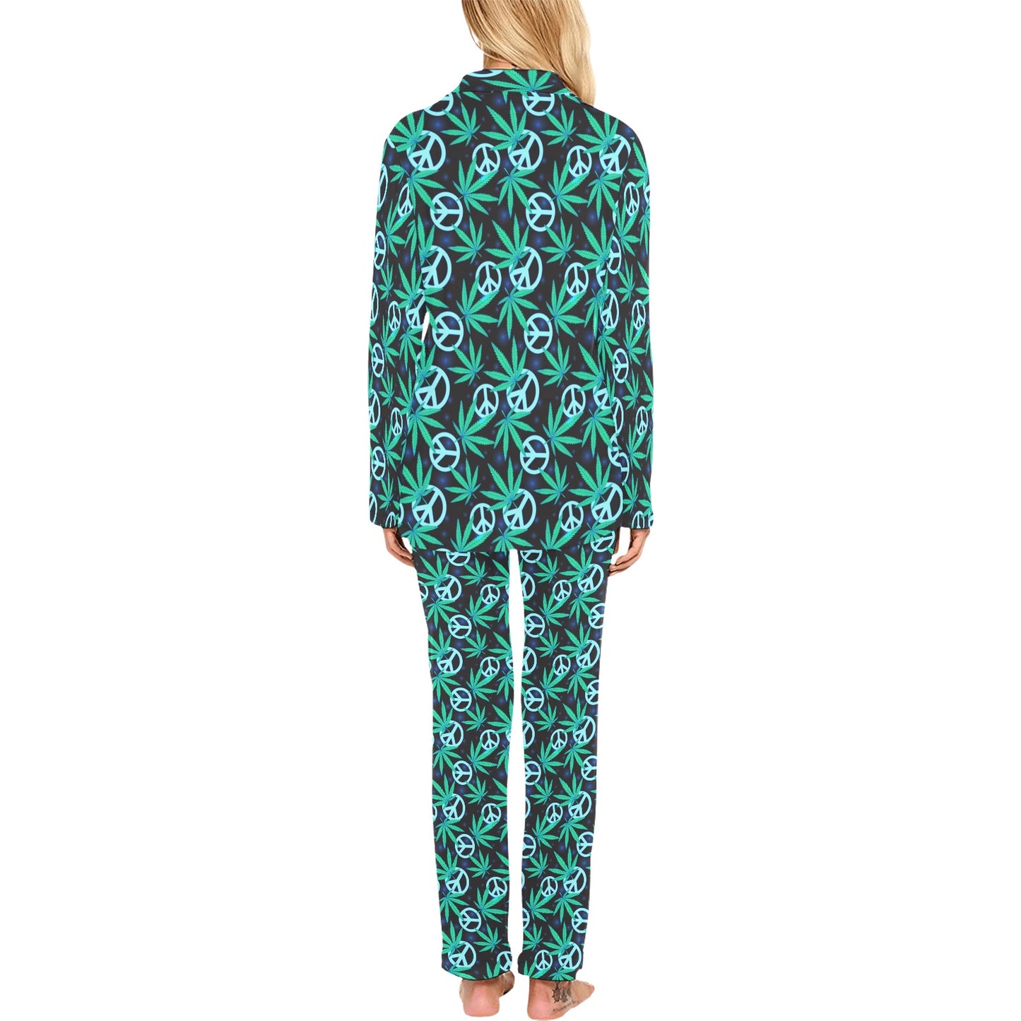 Peace Sign Themed Design Print Women's Long Pajama Set