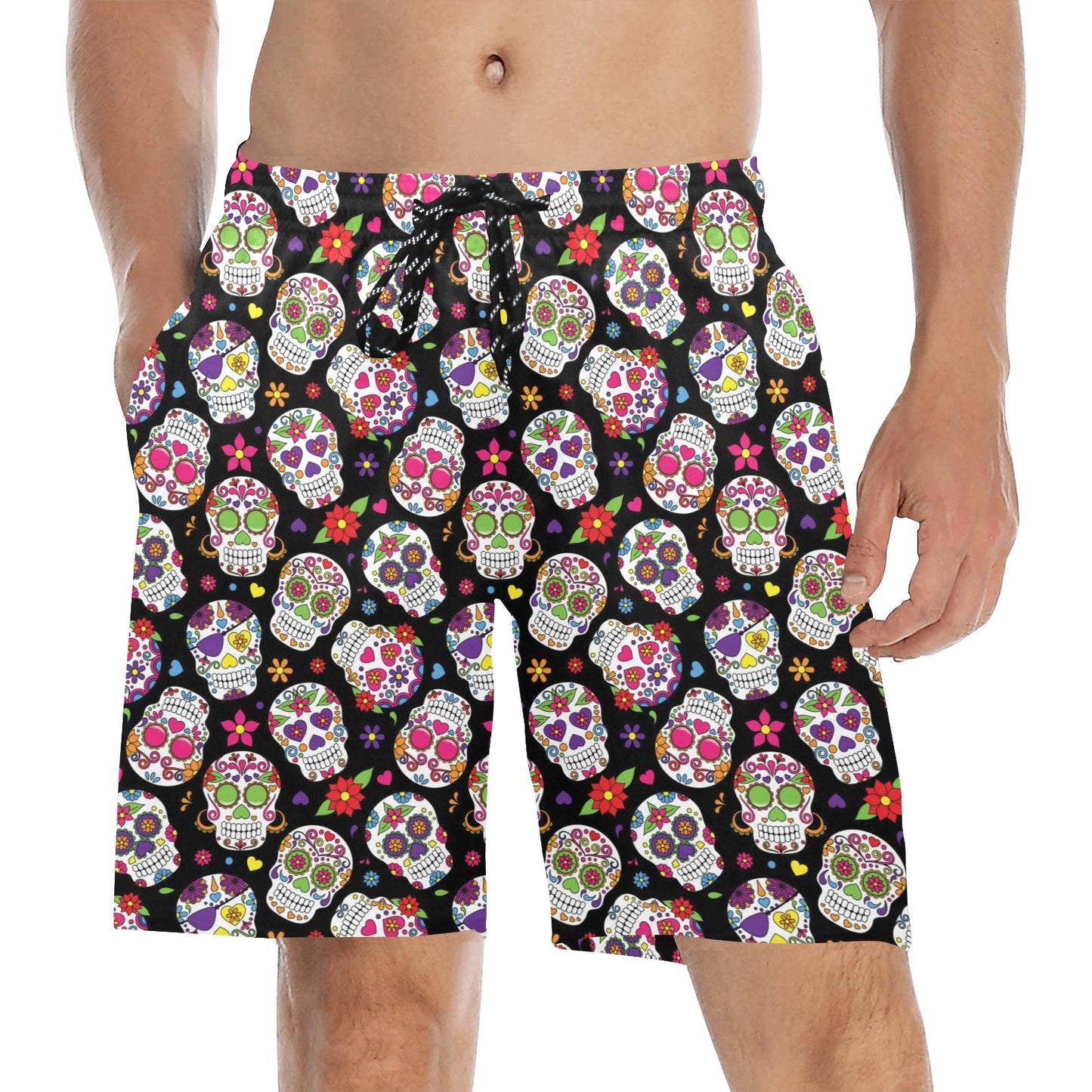 Sugar Skull Print Design LKS302 Men's Swim Trunks Beach Shorts