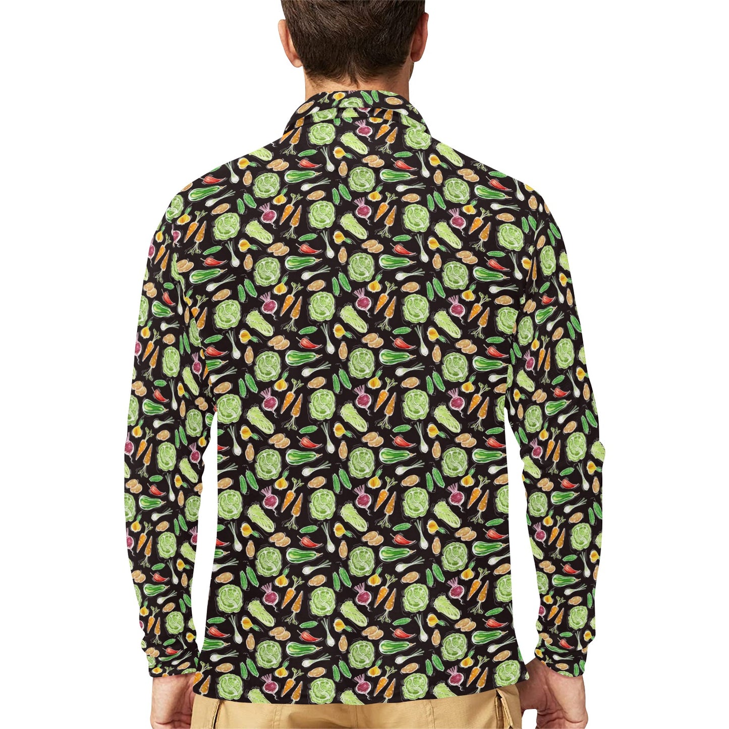 Vegan Draw Themed Design Print Long Sleeve Polo Shirt For Men's