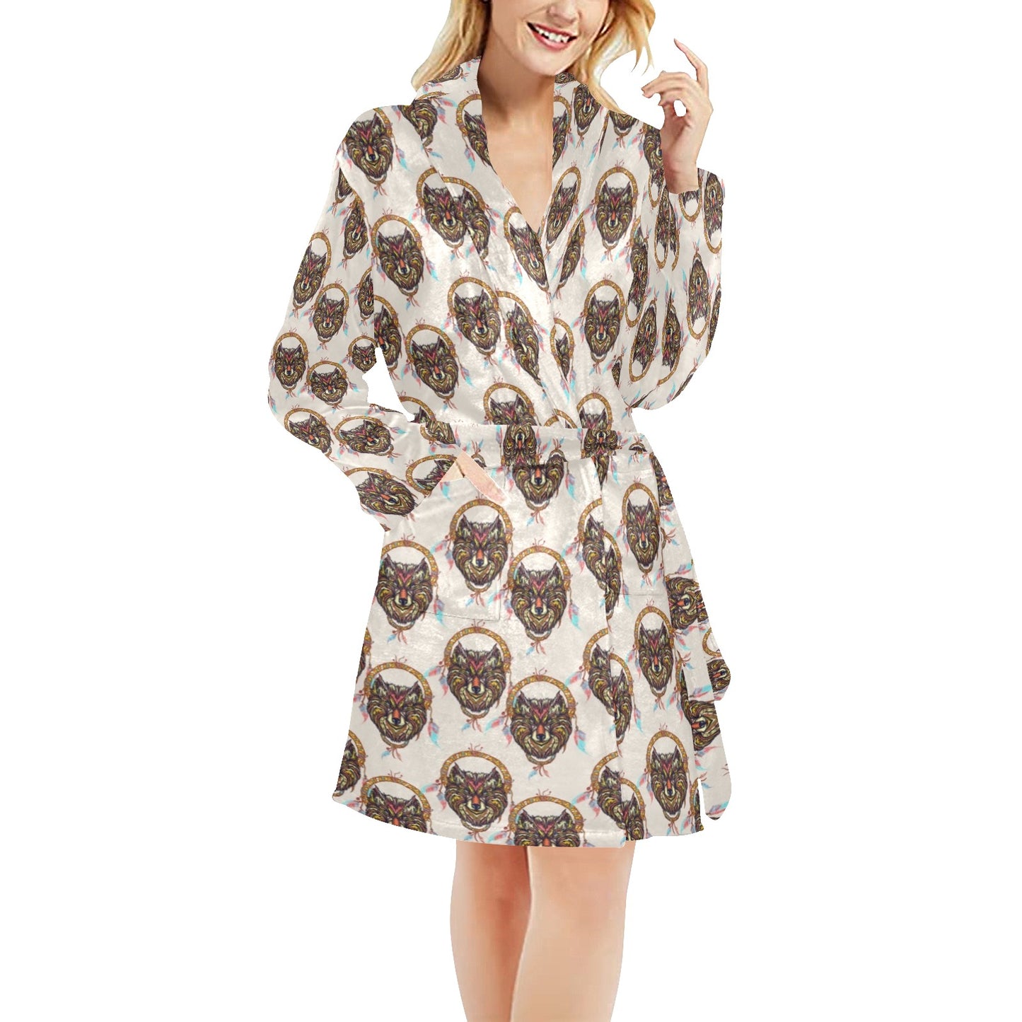 Wolf Tribal Dream Catcher Design Print Women's Fleece Robe