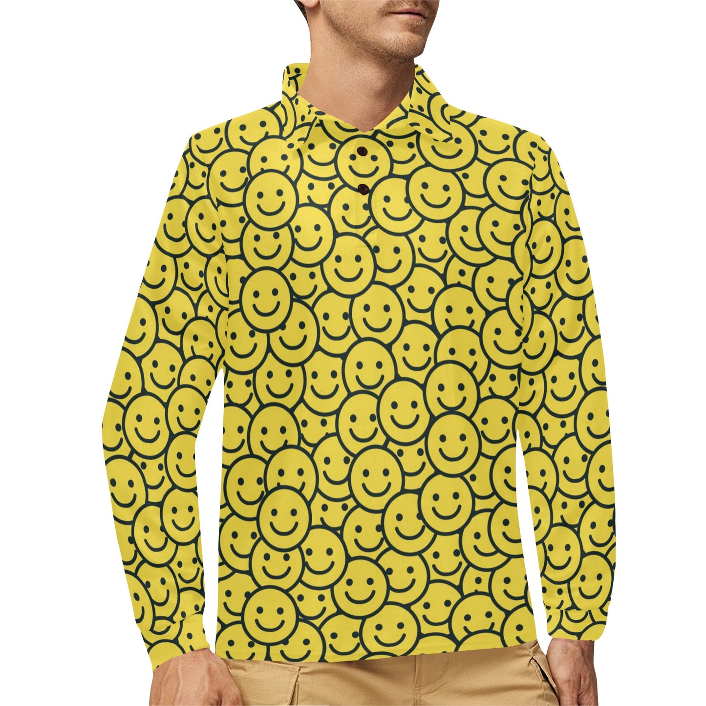 Smiley Face Emoji Print Design LKS302 Long Sleeve Polo Shirt For Men's