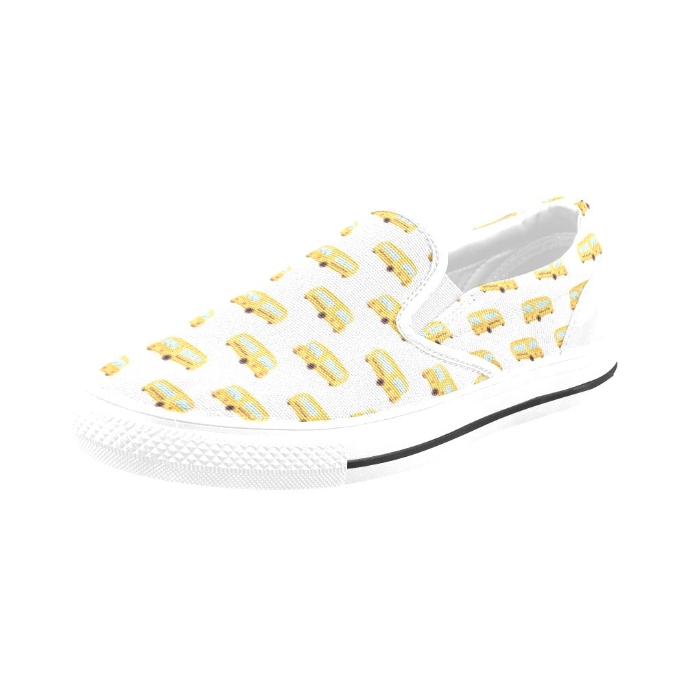 School Bus Print Design LKS306 White Slip Ons Canvas Women's Shoes