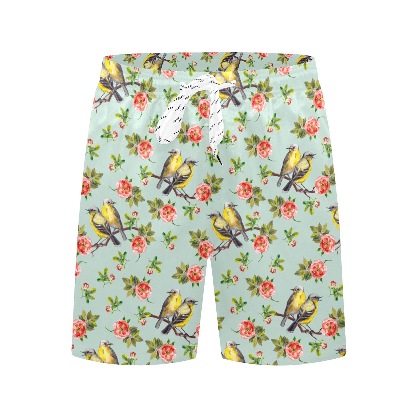 Bird with Red Flower Print Pattern Men's Swim Trunks Beach Shorts