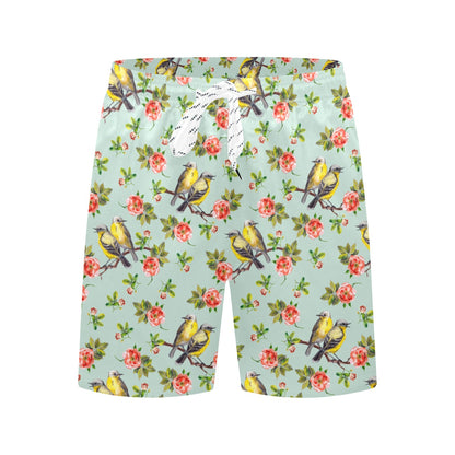 Bird with Red Flower Print Pattern Men's Swim Trunks Beach Shorts