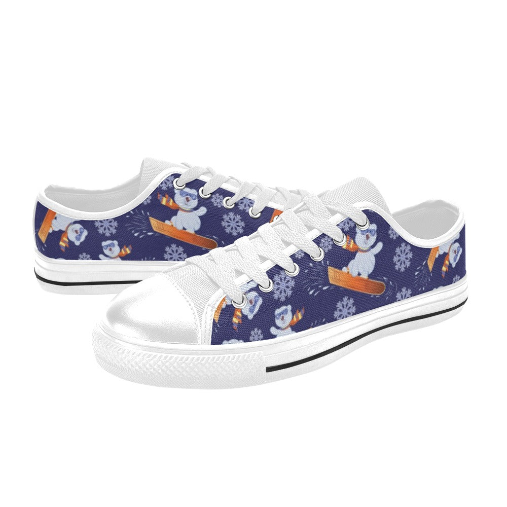 Snowboard Bear Print Design LKS305 Women's White Low Top Shoes