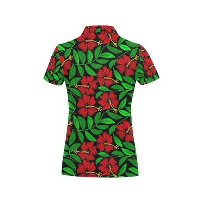Red Hibiscus Embroidered Pattern Print Design HB032 Women's Polo Shirt