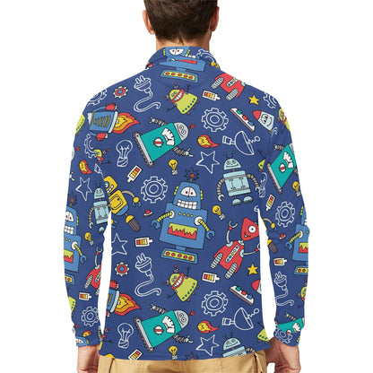 Robot Pattern Print Design A03 Long Sleeve Polo Shirt For Men's