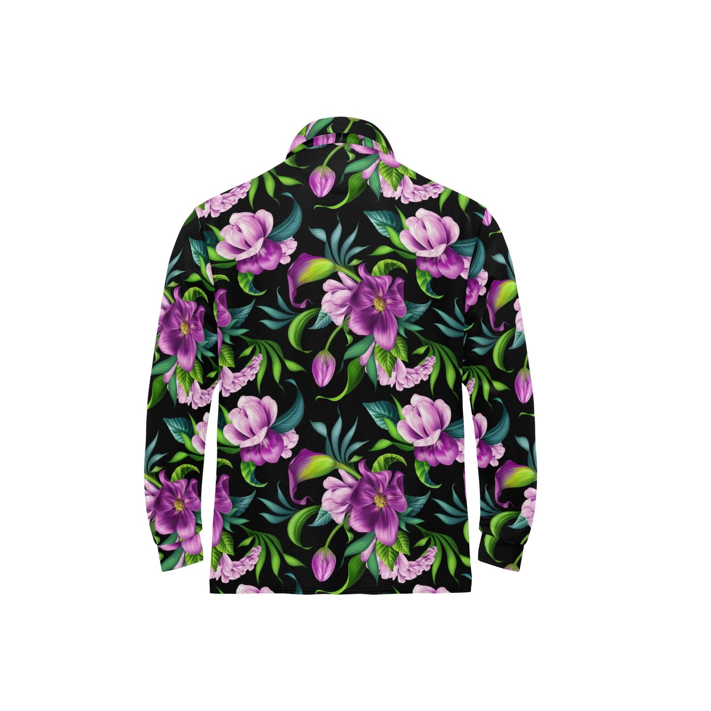Bright Purple Floral Pattern Long Sleeve Polo Shirt For Men's