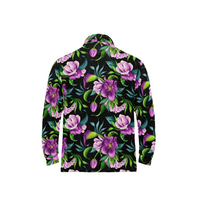 Bright Purple Floral Pattern Long Sleeve Polo Shirt For Men's