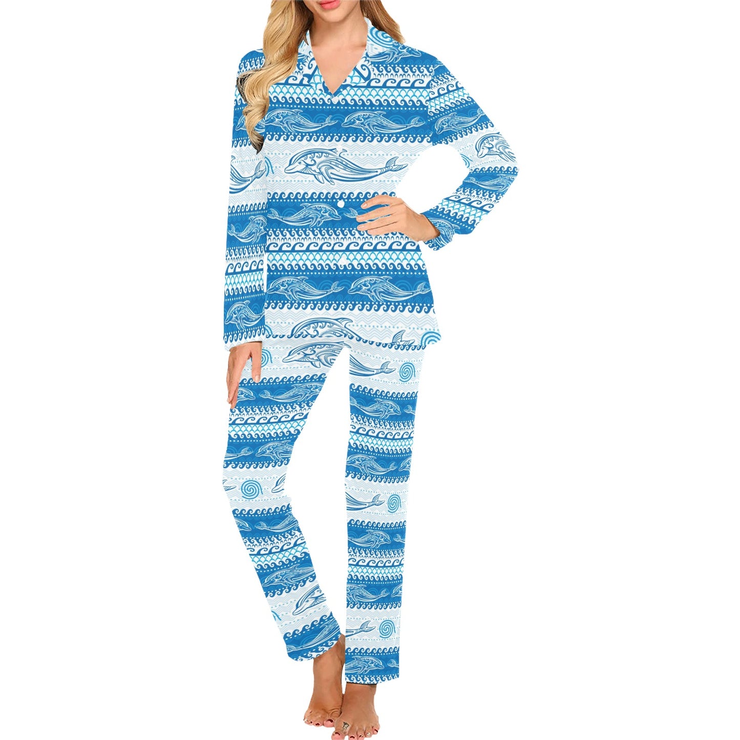 Dolphin Tribal Print Pattern Women's Long Pajama Set