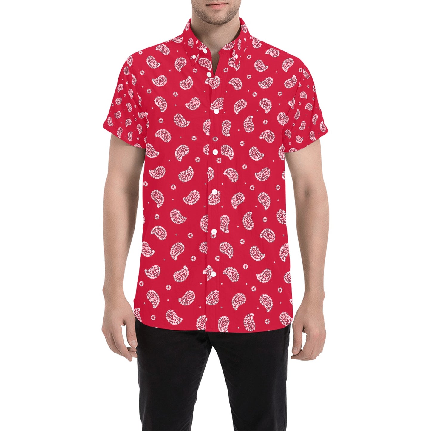 Bandana Red Paisley Print Design LKS305 Men Short Sleeve Button Up Shirt