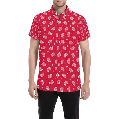 Bandana Red Paisley Print Design LKS305 Men Short Sleeve Button Up Shirt