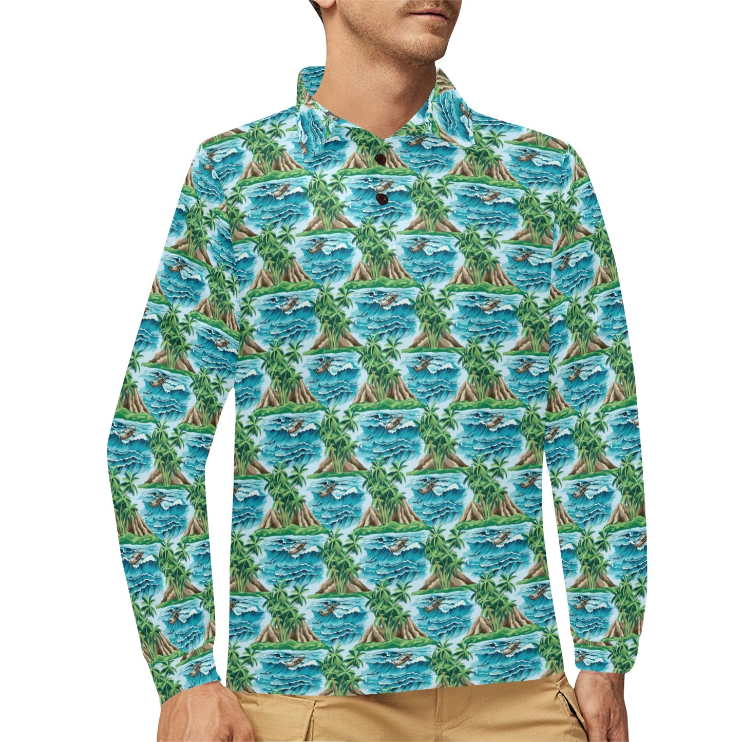 Palm Tree Hawaiian Themed Design Print Long Sleeve Polo Shirt For Men's