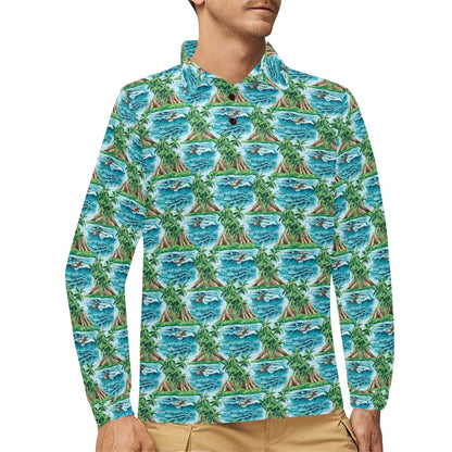 Palm Tree Hawaiian Themed Design Print Long Sleeve Polo Shirt For Men's