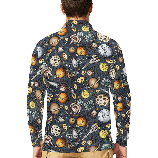 Space Pattern Print Long Sleeve Polo Shirt For Men's