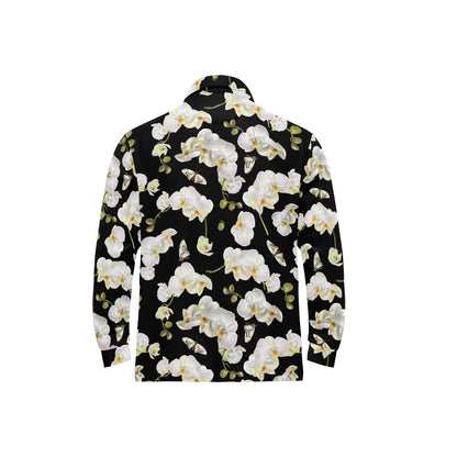 Orchid White Pattern Print Design OR011 Long Sleeve Polo Shirt For Men's