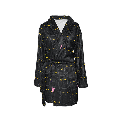 Black Cat Yellow Eyes Print Pattern Women's Fleece Robe