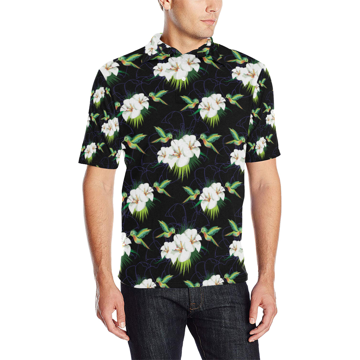 Hummingbird with Flower Pattern Print Design 03 Men Polo Shirt