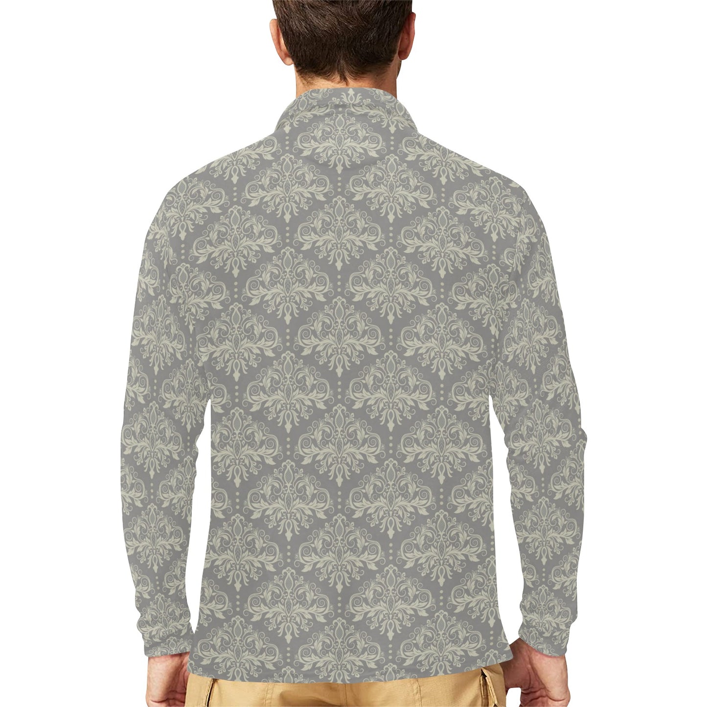 Damask Grey Elegant Print Pattern Long Sleeve Polo Shirt For Men's