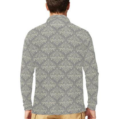 Damask Grey Elegant Print Pattern Long Sleeve Polo Shirt For Men's