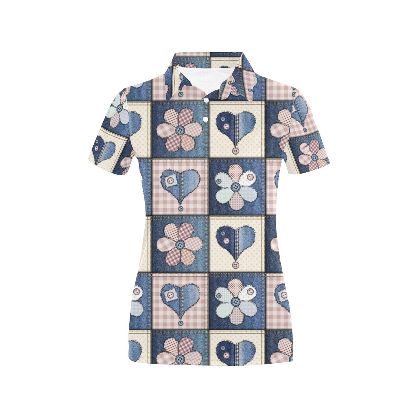 Patchwork Heart Flower Pattern Print Design 01 Women's Polo Shirt