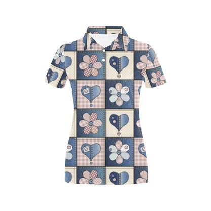 Patchwork Heart Flower Pattern Print Design 01 Women's Polo Shirt